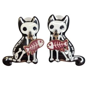 Cat Skeleton Earrings With Hanging Fish Charms Goth Fashion Jewelry Accessories